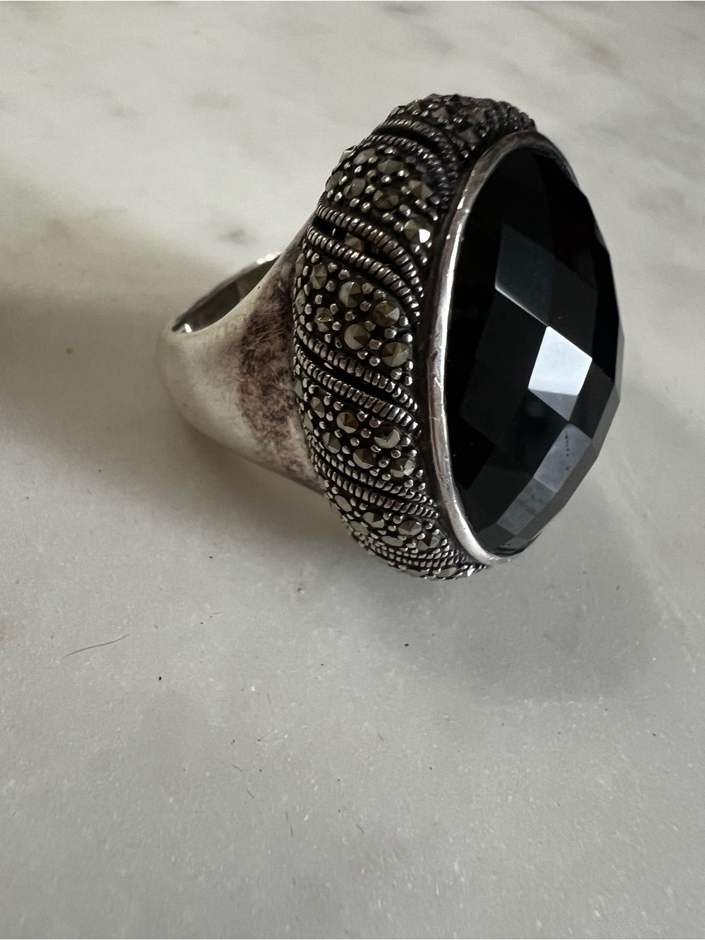 Vintage Judith Jack JJ 925 Sterling Silver Black Onyx Marcasite Art Deco Ring 7 - Picture 3 of 15